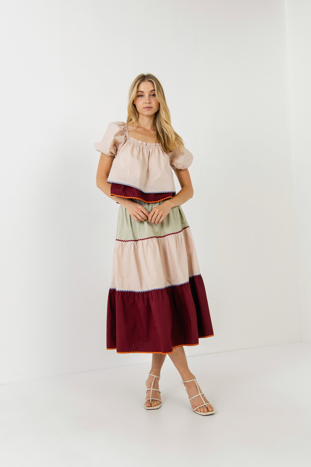 ENGLISH FACTORY - Colorblock Rickrack Trim Puff Sleeve Top - sale available at Objectrare
