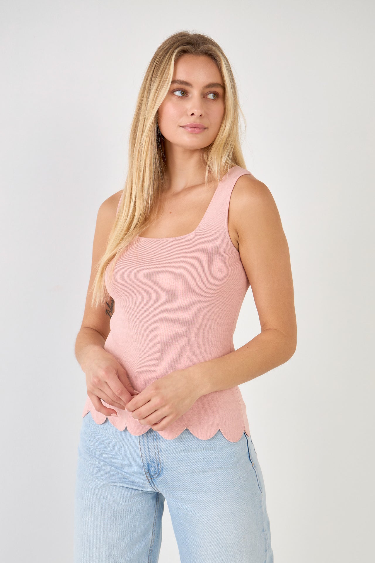 ENGLISH FACTORY - Square neckline Scallop Edge Knit Tank Top - CAMI TOPS & TANK available at Objectrare