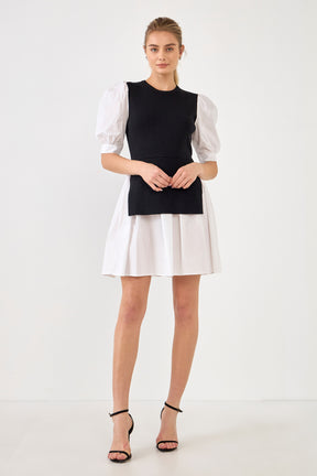 ENGLISH FACTORY - Mixed Media Puff Sleeve Mini Dress - DRESSES available at Objectrare