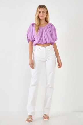 ENDLESS ROSE - Cropped V-neckline Puff Top - TOPS available at Objectrare