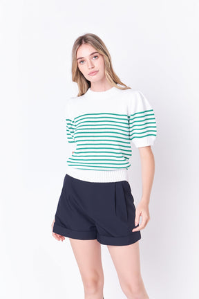 ENGLISH FACTORY - Stripe Short Puff Sleeve Sweater - SWEATERS & KNITS available at Objectrare
