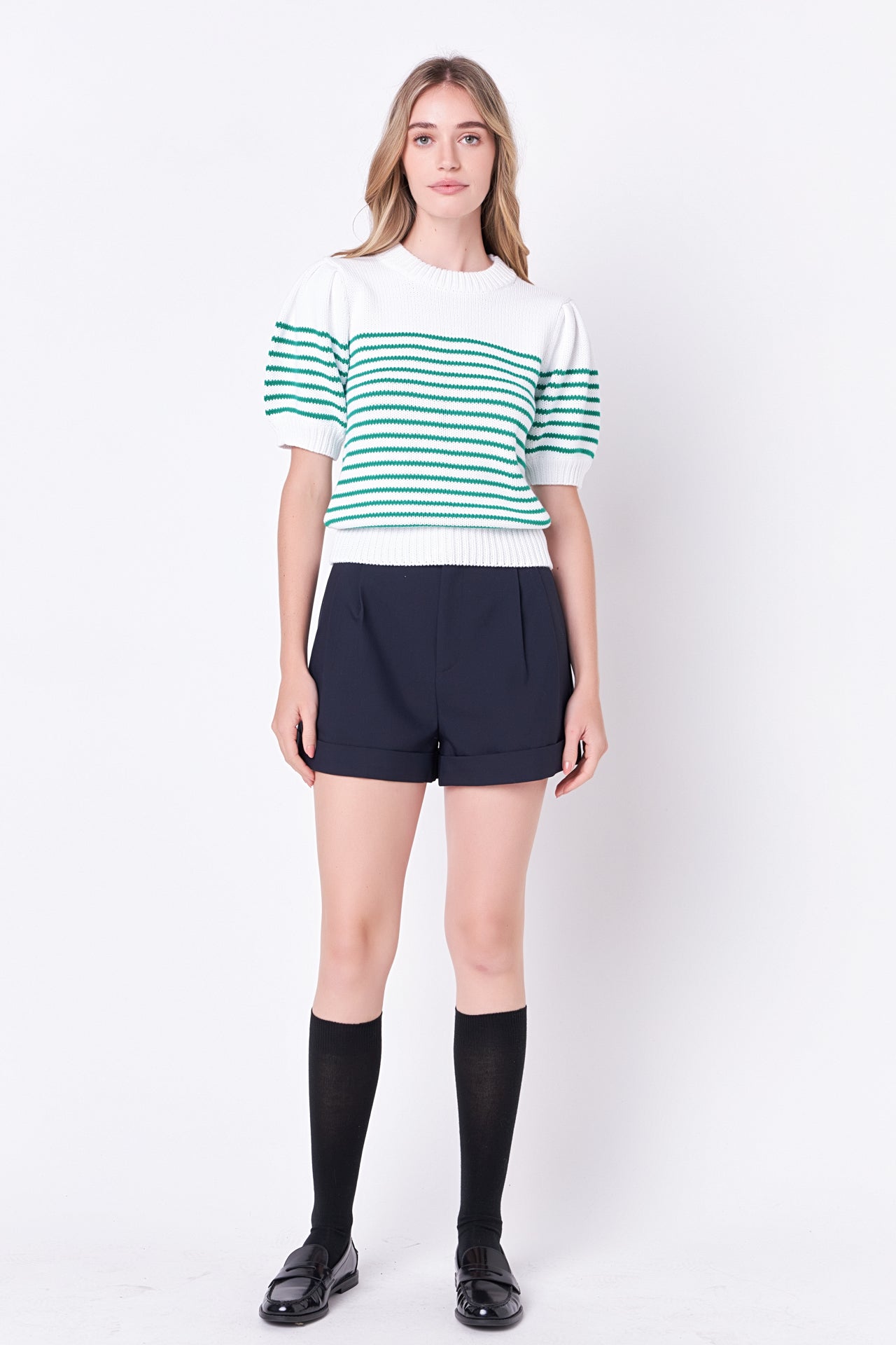 ENGLISH FACTORY - Stripe Short Puff Sleeve Sweater - SWEATERS & KNITS available at Objectrare