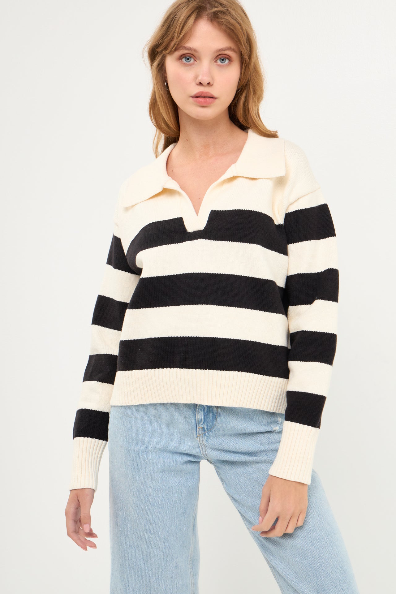 ENGLISH FACTORY - Stripe V-neckline with Collar Sweater - SWEATERS & KNITS available at Objectrare