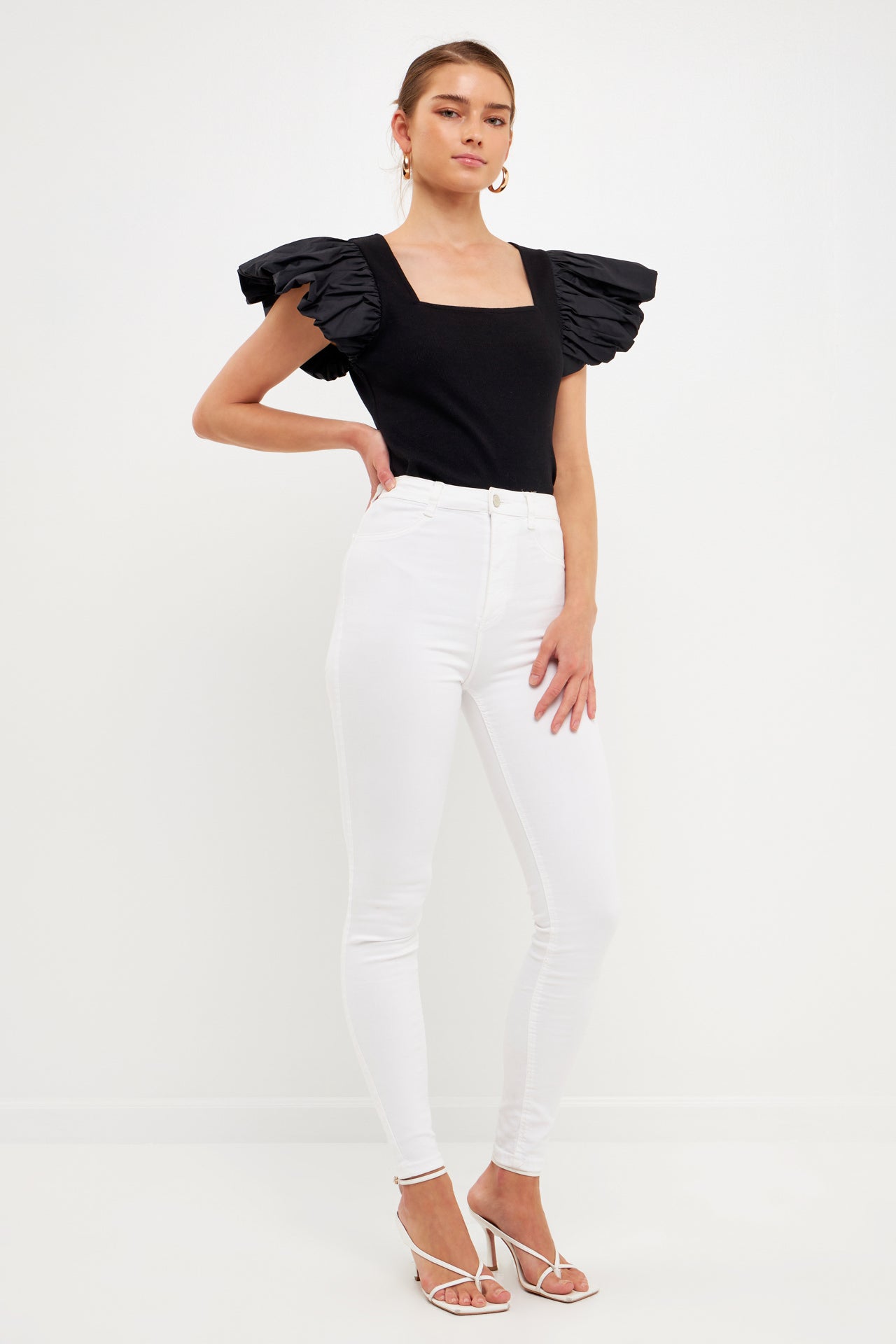 ENDLESS ROSE - Mixed Media Square Neckline Knit Top - TOPS available at Objectrare