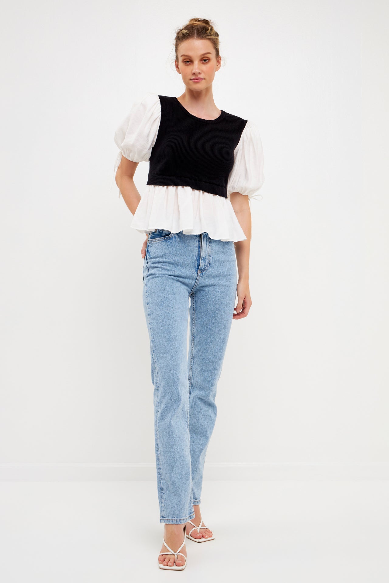 ENGLISH FACTORY - Mixed Media Puff Sleeve Knit Top - TOPS available at Objectrare