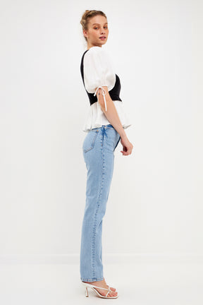 ENGLISH FACTORY - Mixed Media Puff Sleeve Knit Top - TOPS available at Objectrare