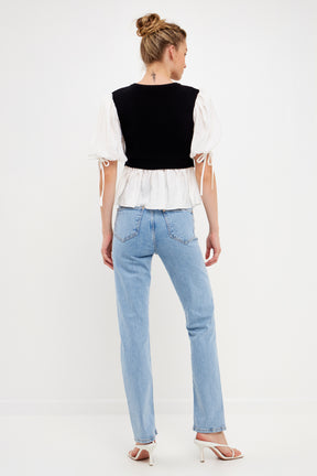 ENGLISH FACTORY - Mixed Media Puff Sleeve Knit Top - TOPS available at Objectrare