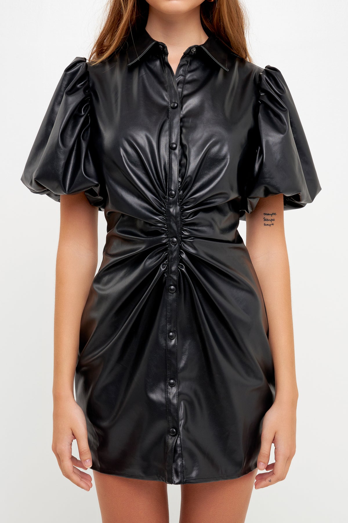 ENDLESS ROSE - Short-Sleeve Faux Leather Mini Dress - DRESSES available at Objectrare