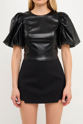ENDLESS ROSE - PU Leather Puff Sleeve Cropped Top - TOPS available at Objectrare