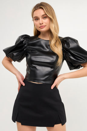 ENDLESS ROSE - PU Leather Puff Sleeve Cropped Top - TOPS available at Objectrare