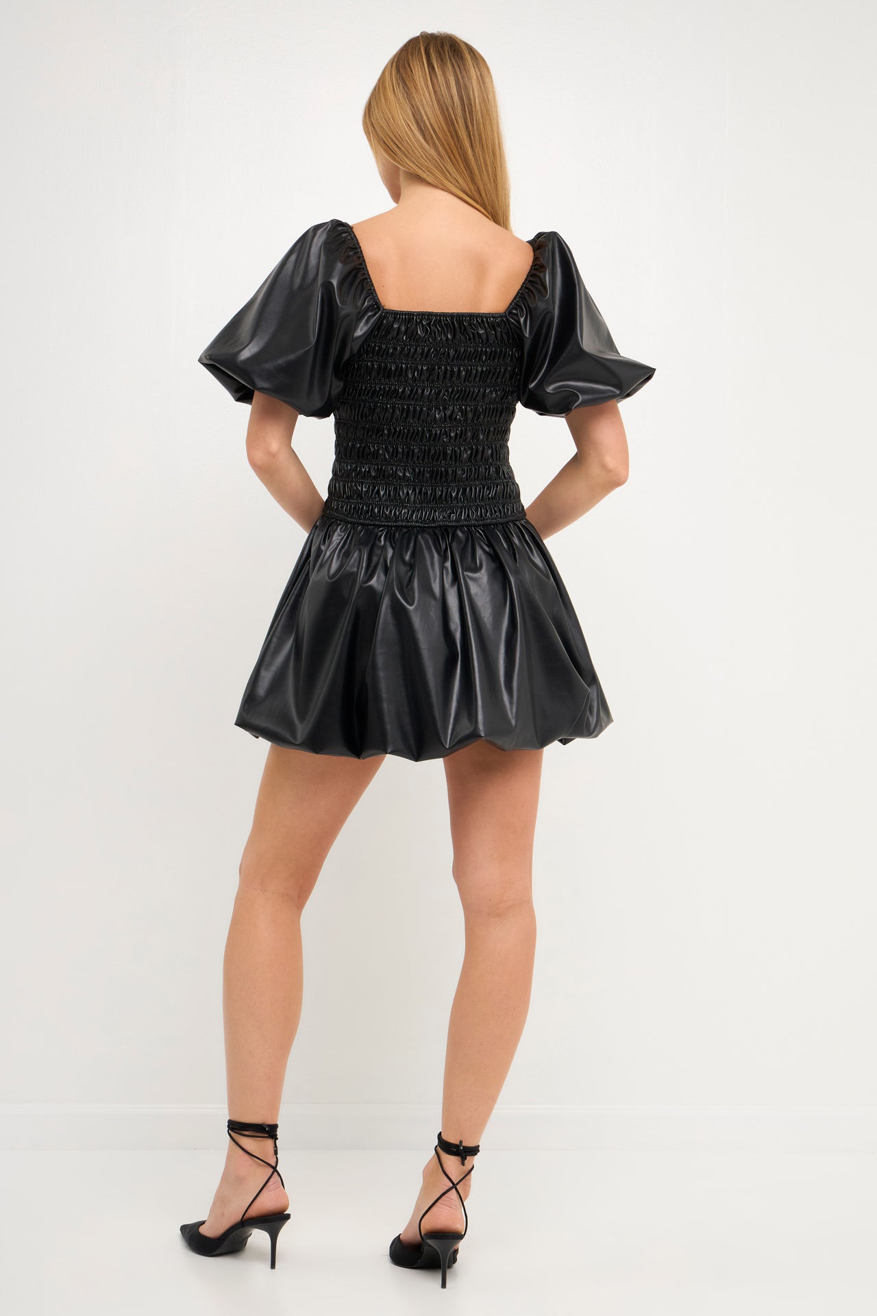 ENDLESS ROSE - Faux Leather Smocked Balloon Detail Mini Dress - DRESSES available at Objectrare
