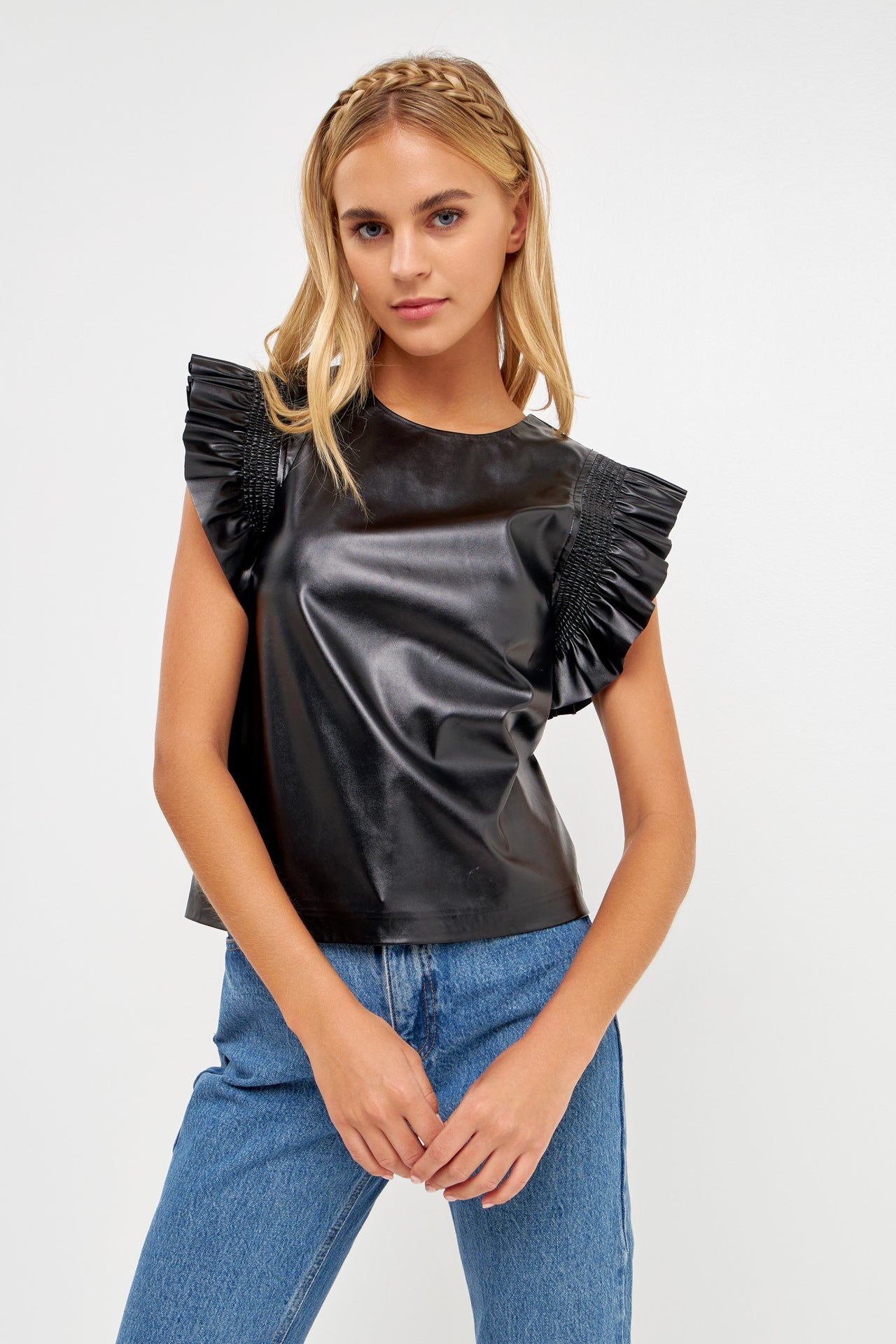ENGLISH FACTORY - PU Leather Ruffle Detail Top - TOPS available at Objectrare