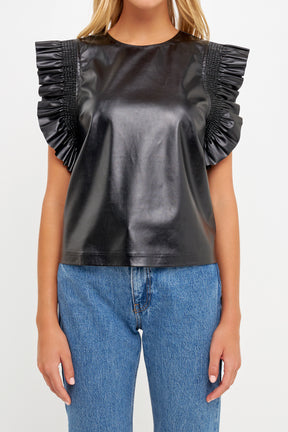 ENGLISH FACTORY - PU Leather Ruffle Detail Top - TOPS available at Objectrare
