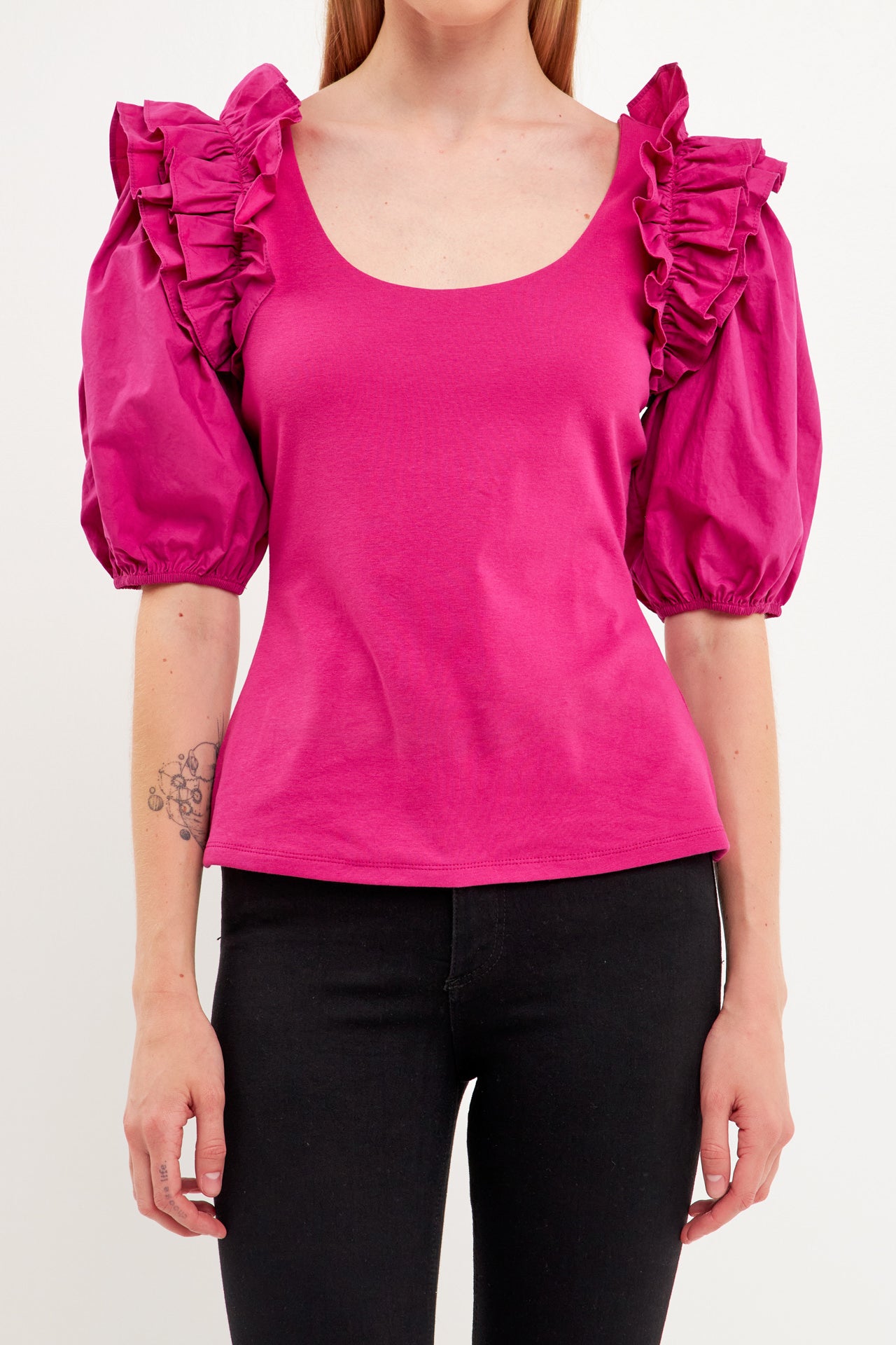 ENDLESS ROSE - Mixed Media Ruffle Detail Fitted Top - TOPS available at Objectrare