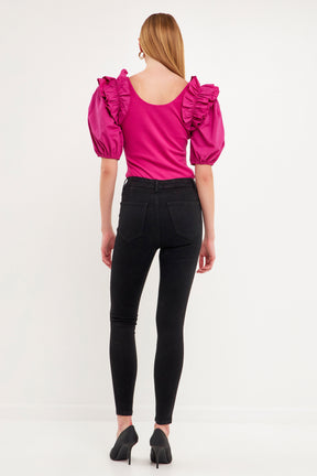 ENDLESS ROSE - Mixed Media Ruffle Detail Fitted Top - TOPS available at Objectrare