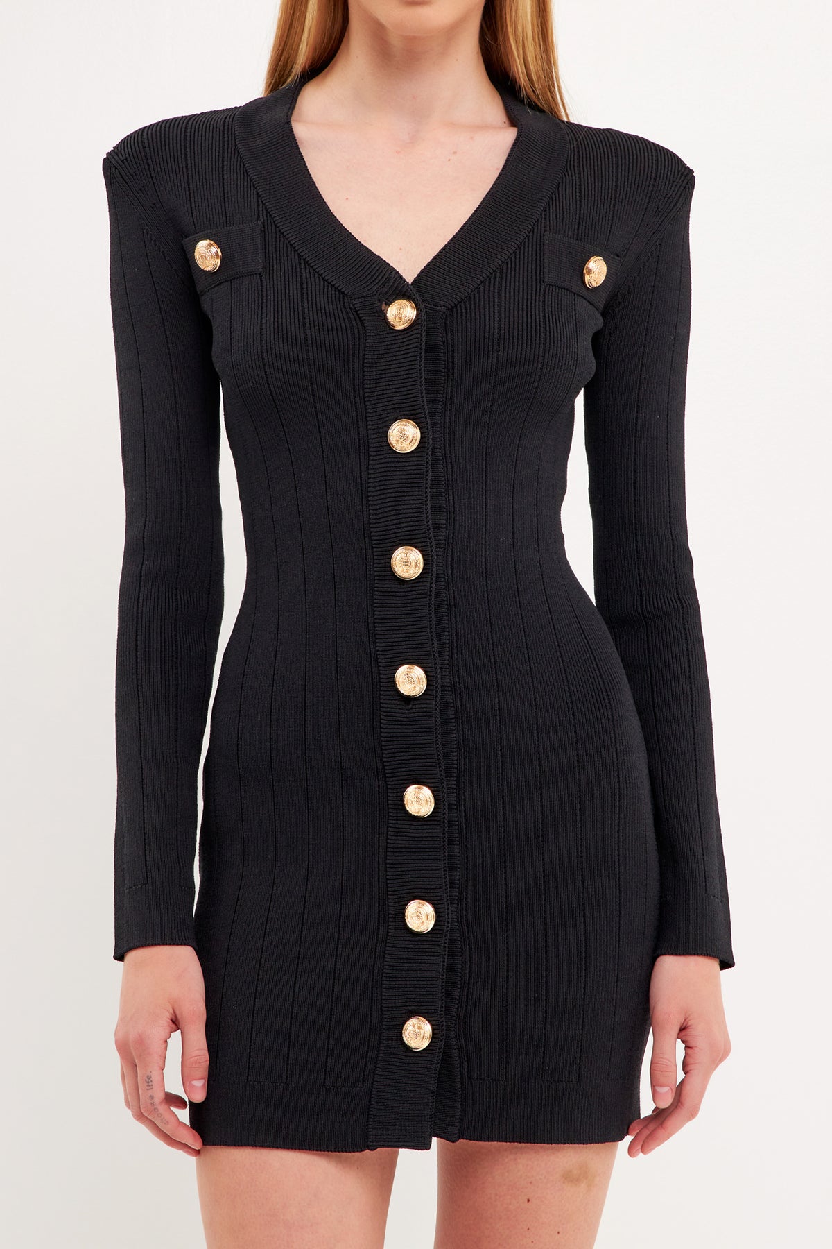 ENDLESS ROSE - NA Shank Button V-Neckline Knit Mini Dress - DRESSES available at Objectrare