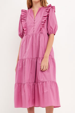 ENGLISH FACTORY - Ruffle Detail Puff Sleeve Midi Dress - DRESSES available at Objectrare