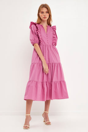 ENGLISH FACTORY - Ruffle Detail Puff Sleeve Midi Dress - DRESSES available at Objectrare