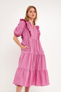 ENGLISH FACTORY - Ruffle Detail Puff Sleeve Midi Dress - DRESSES available at Objectrare