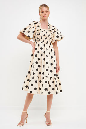 ENGLISH FACTORY - Ruffled Smocked Dot Midi Dress - DRESSES available at Objectrare