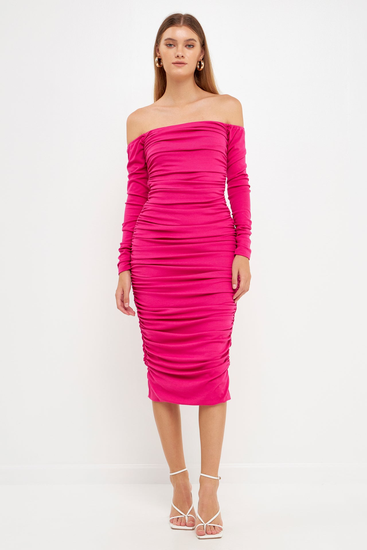 ENDLESS ROSE - Off-The-Shoulder Ruched Midi Dress - DRESSES available at Objectrare