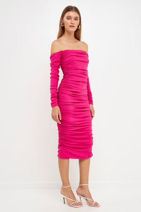 ENDLESS ROSE - Off-The-Shoulder Ruched Midi Dress - DRESSES available at Objectrare