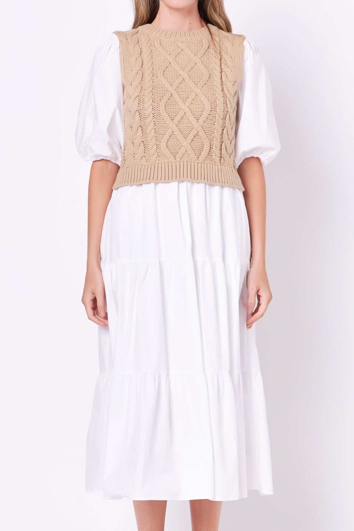 ENGLISH FACTORY - Mixed Media Cable Knit Down Midi Dress - DRESSES available at Objectrare