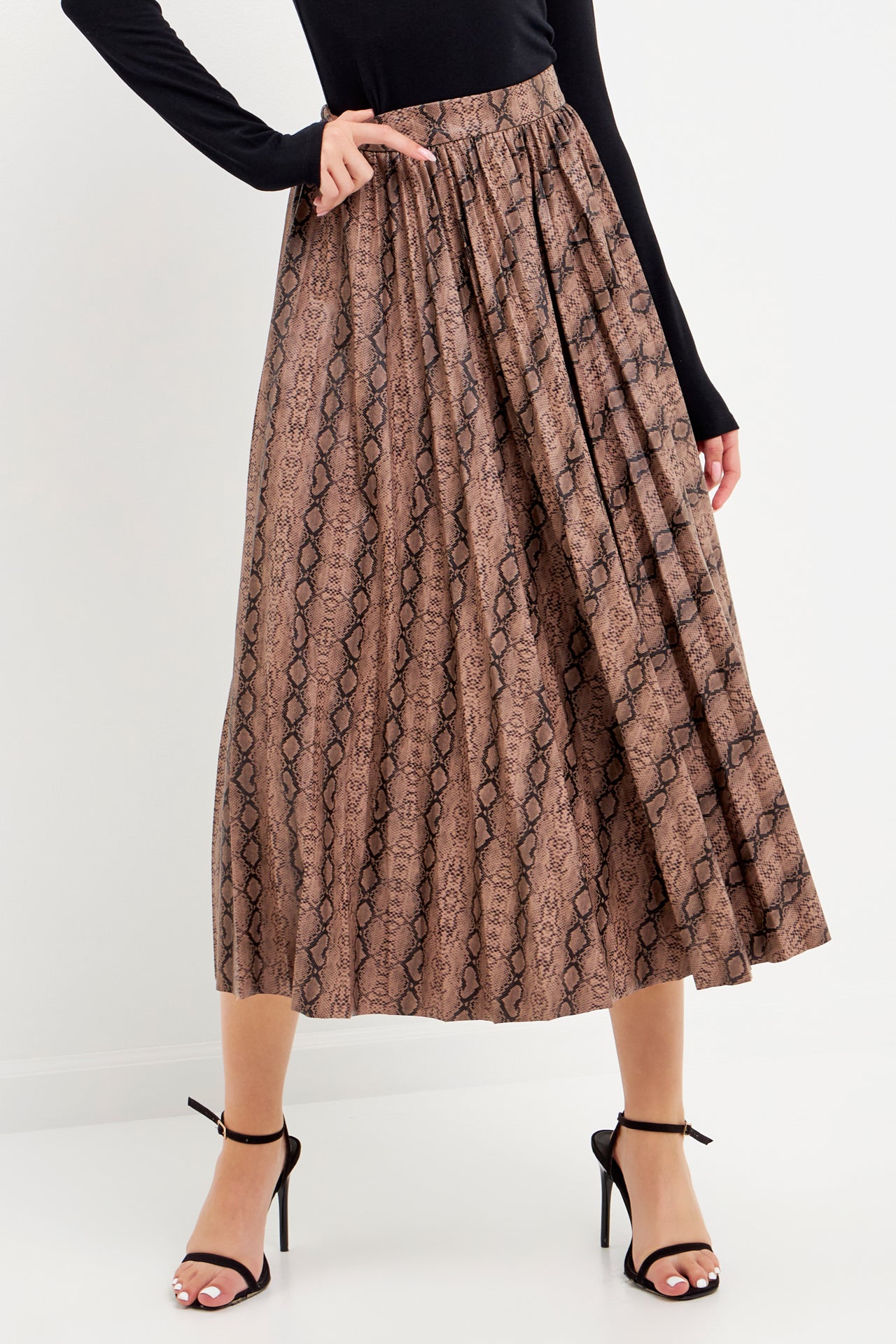 ENDLESS ROSE - Snake Print Pleated Midi Skirt - SKIRTS available at Objectrare