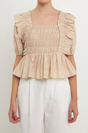 ENDLESS ROSE - Smocked Puff Sleeve Peplum Crop Top - TOPS available at Objectrare