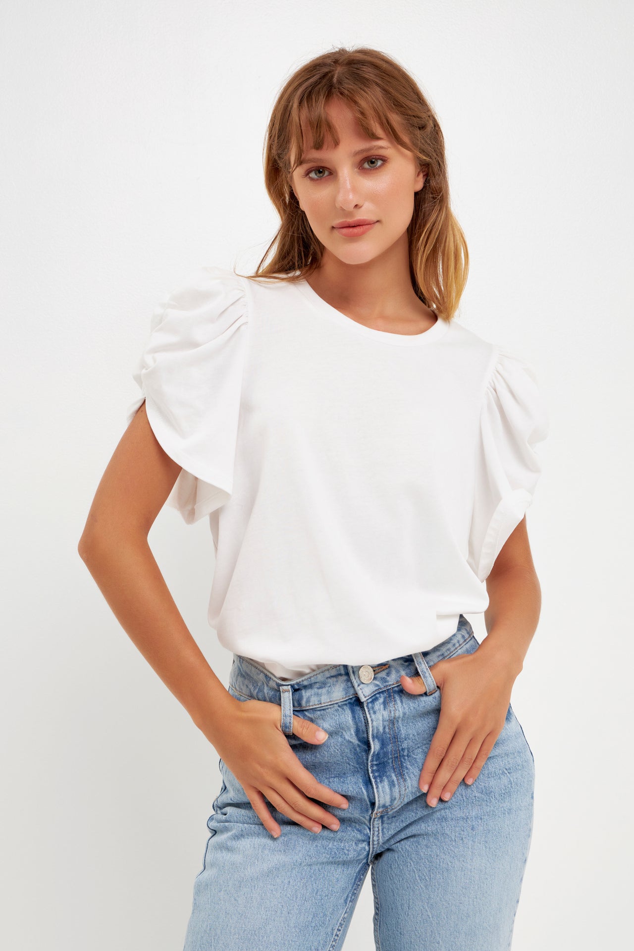 ENGLISH FACTORY - Ruched Sleeve T-Shirt - TOPS available at Objectrare