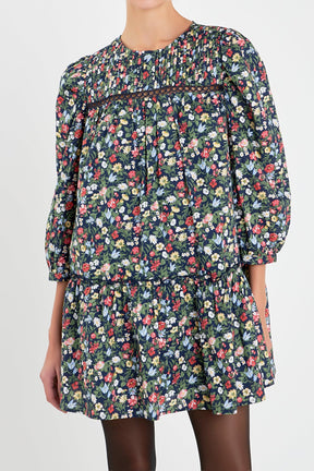 ENGLISH FACTORY - Floral Print Pintuck Mini Dress - DRESSES available at Objectrare