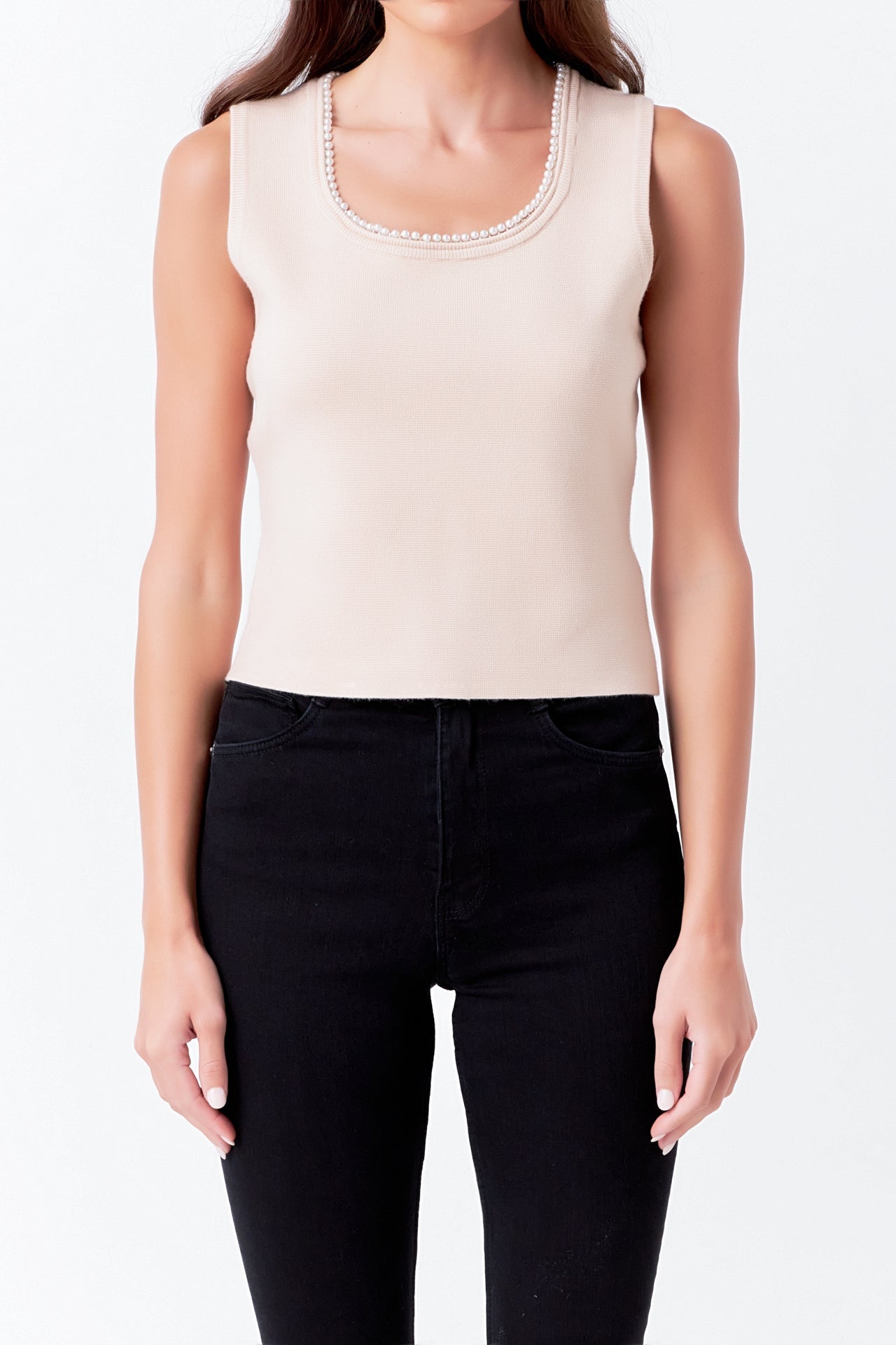 ENDLESS ROSE - Pearl Trim Knit Tank Top - TOPS available at Objectrare