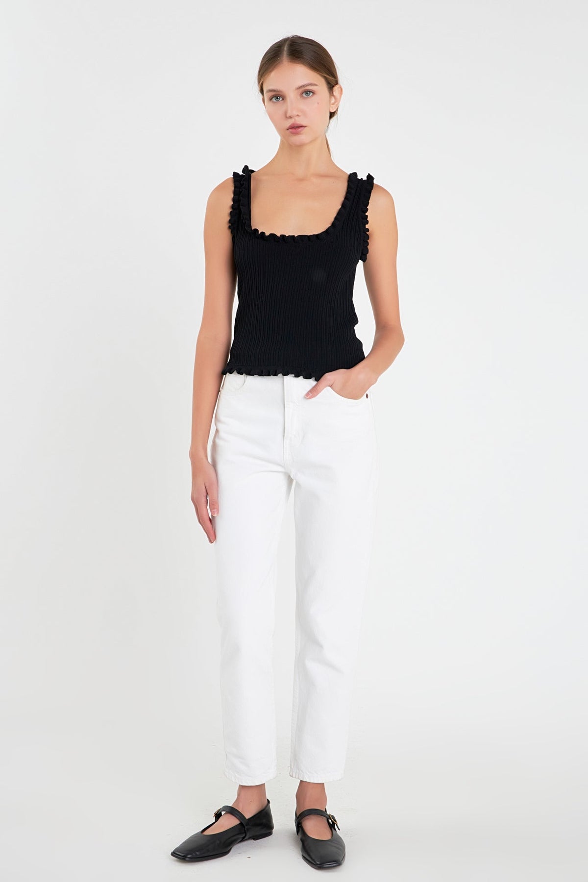ENGLISH FACTORY - Ruffled Edge Sleeveless Knit Top - TOPS available at Objectrare