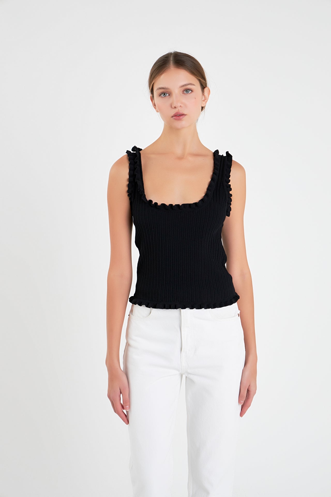 ENGLISH FACTORY - Ruffled Edge Sleeveless Knit Top - TOPS available at Objectrare