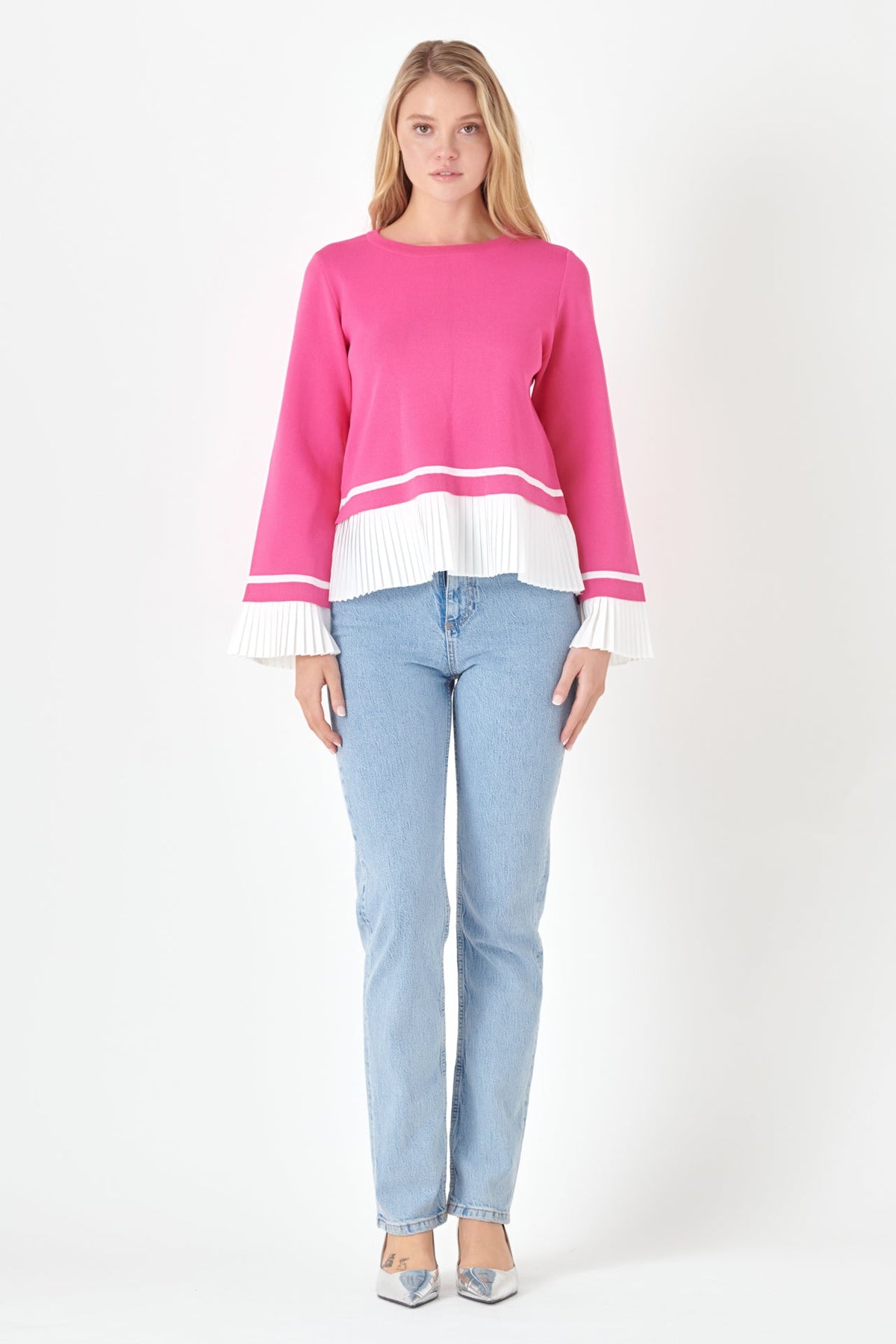 ENGLISH FACTORY - Mixed Media Pleated Knit Top - TOPS available at Objectrare