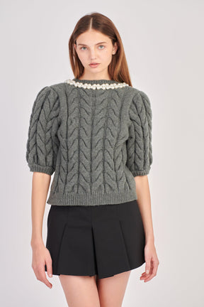 ENDLESS ROSE - Pearl Trim Cable Knit Top - TOPS available at Objectrare