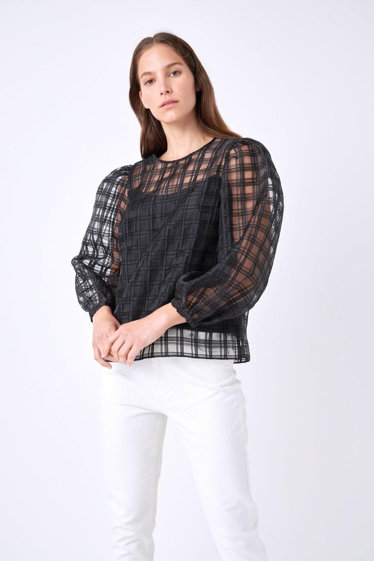 ENGLISH FACTORY - Plaid Organza Long Sleeve Top - TOPS available at Objectrare