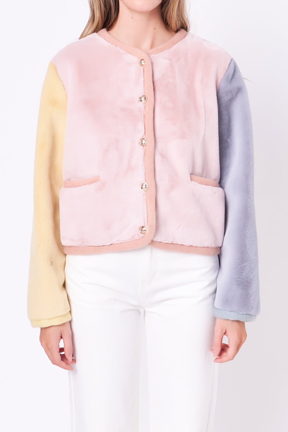 ENGLISH FACTORY - Colorblock Faux Fur Jacket - JACKETS available at Objectrare