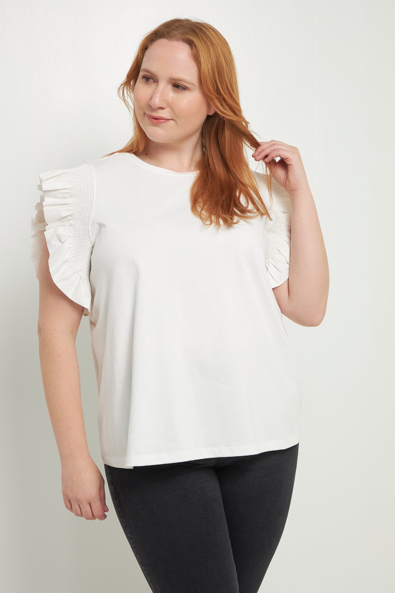 ENGLISH FACTORY - Poplin Knit Mixed Ruffle Detail Top - TOPS available at Objectrare