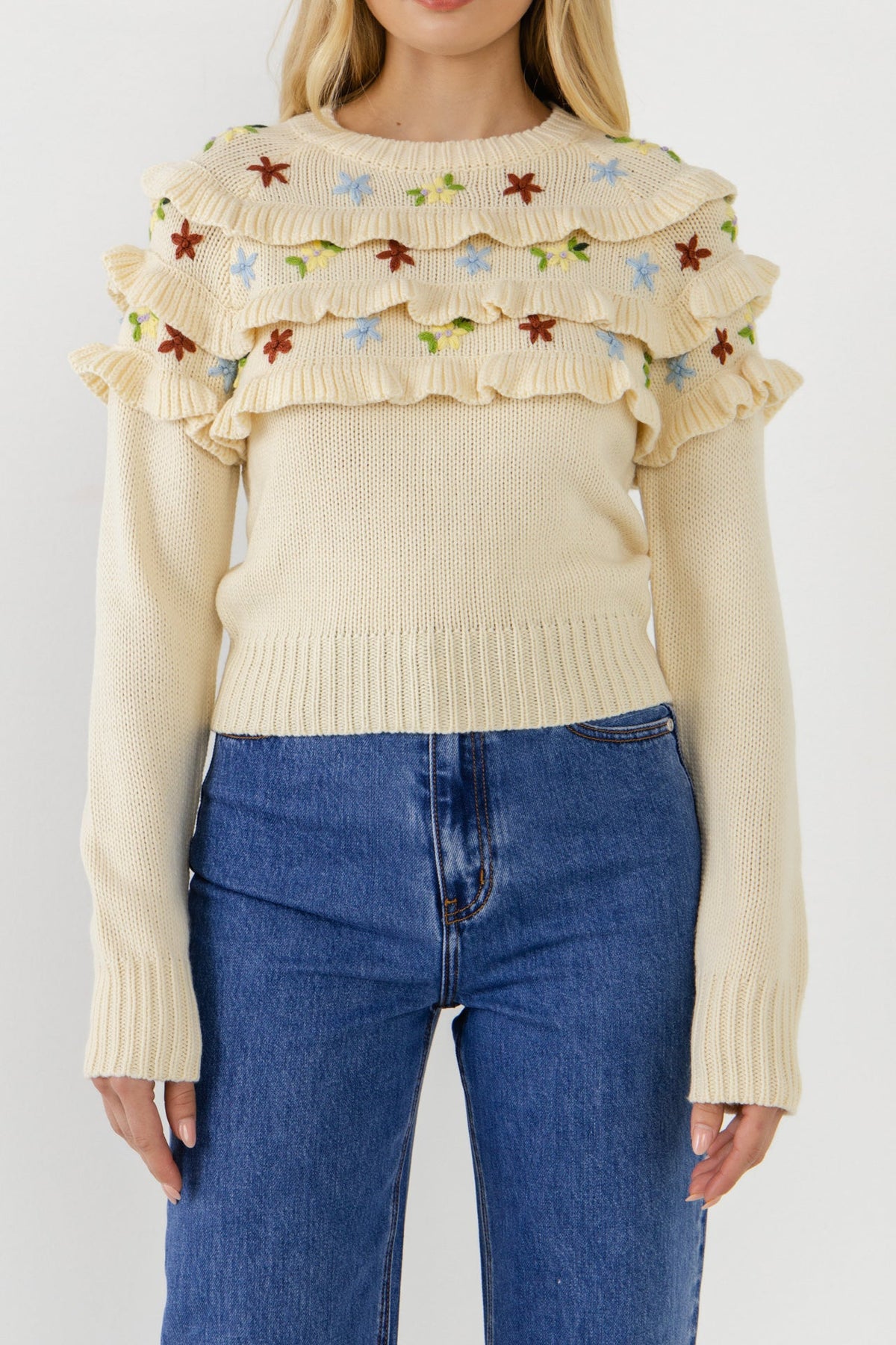 FREE THE ROSES - Floral Handmade Embroidery Ruffle Detail Sweater - SWEATERS & KNITS available at Objectrare