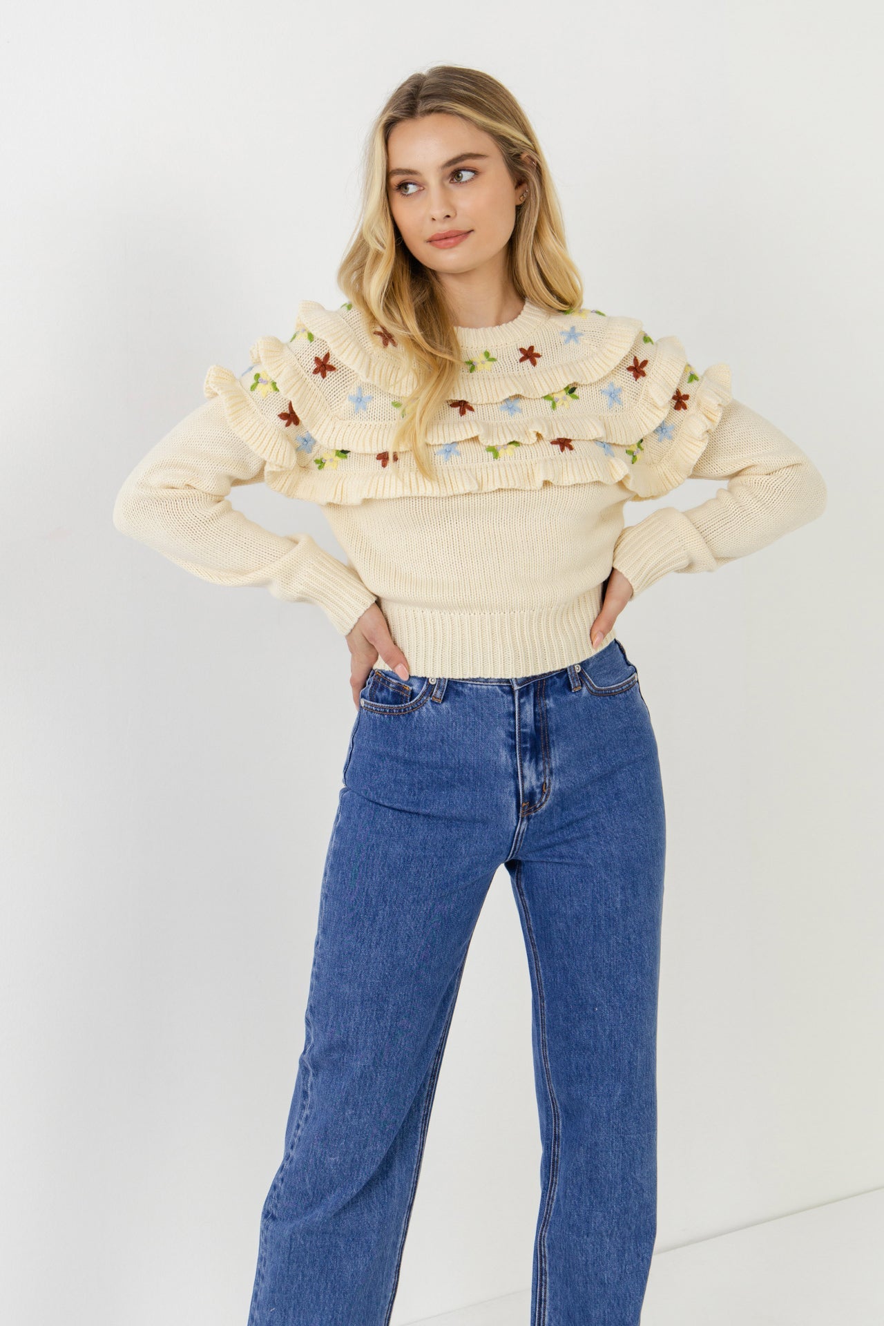 FREE THE ROSES - Free The Roses - Floral Handmade Embroidery Ruffle Detail Sweater - SWEATERS & KNITS available at Objectrare