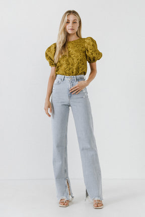 ENDLESS ROSE - Jacquard Puff Sleeve Top - BLOUSES available at Objectrare
