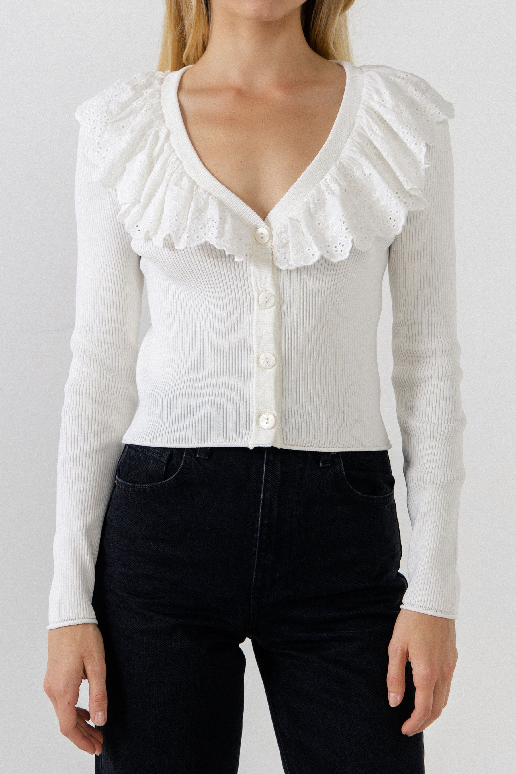 ENGLISH FACTORY - Eyelet Ruffle with Knit Cardigan - TOPS available at Objectrare