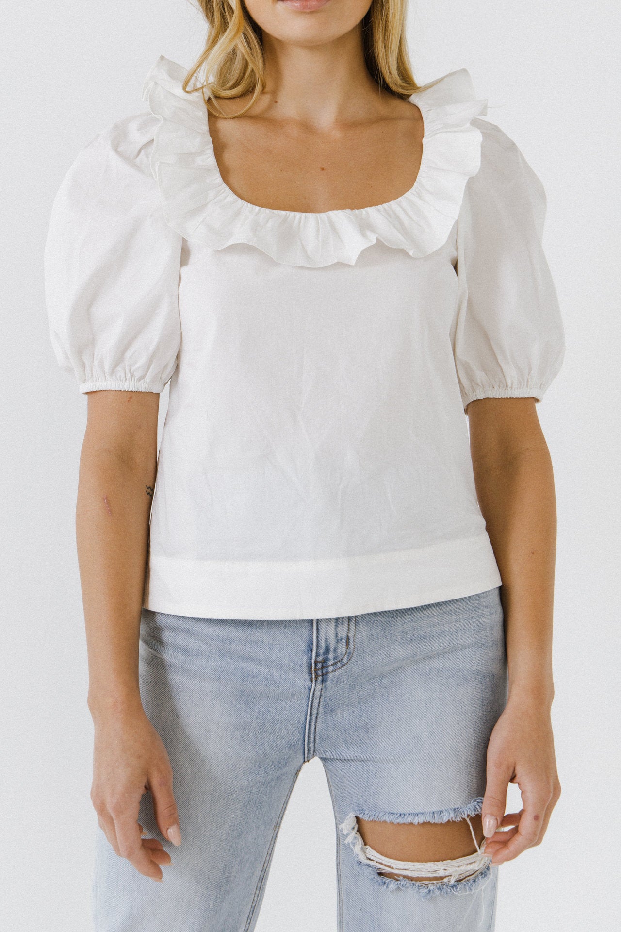 ENGLISH FACTORY - U-neckline Puff Sleeve Top - TOPS available at Objectrare