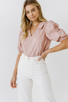 ENGLISH FACTORY - V-neckline Puff Sleeve Top - TOPS available at Objectrare