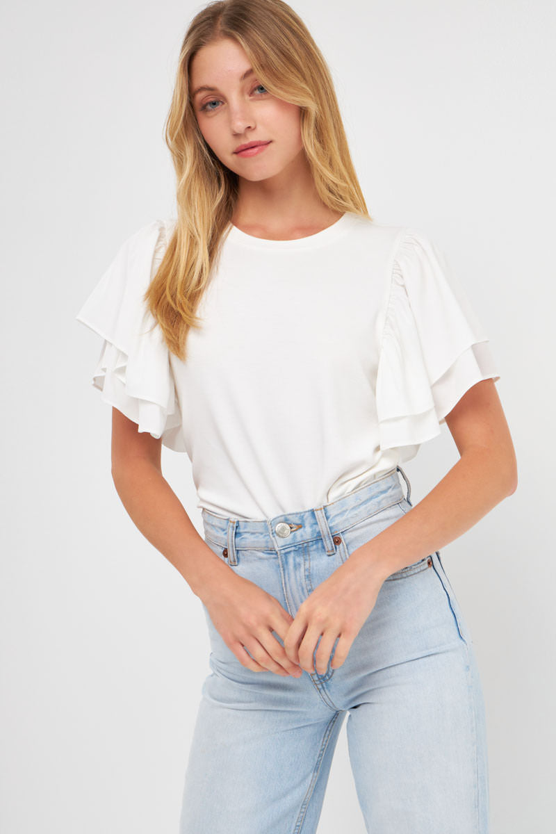 ENDLESS ROSE - Double Layers Ruffle Sleeve Crew Neck Top - TOPS available at Objectrare