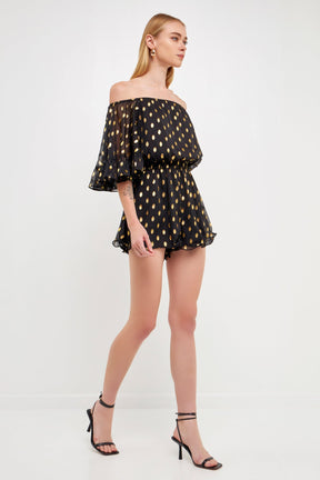 ENDLESS ROSE - Foil Print Off-Shoulder Romper - ROMPERS available at Objectrare