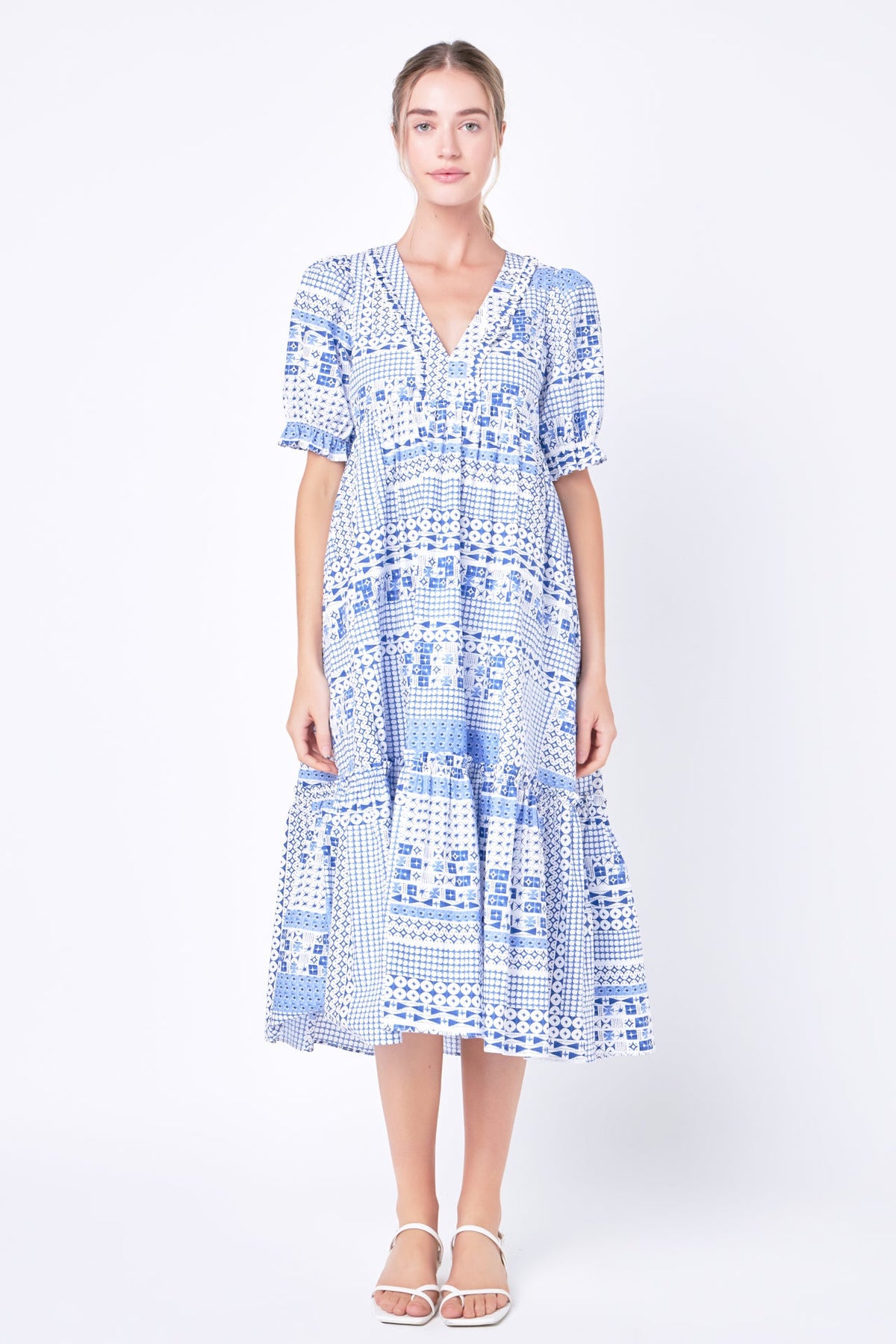 ENGLISH FACTORY - Geometric Print Tiered Midi Dress - DRESSES available at Objectrare