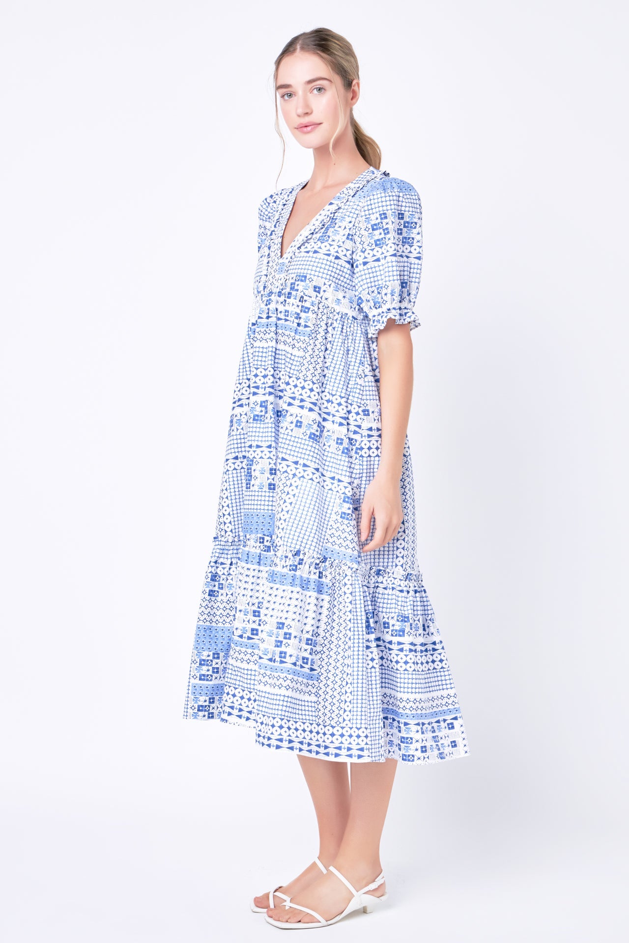ENGLISH FACTORY - Geometric Print Tiered Midi Dress - DRESSES available at Objectrare
