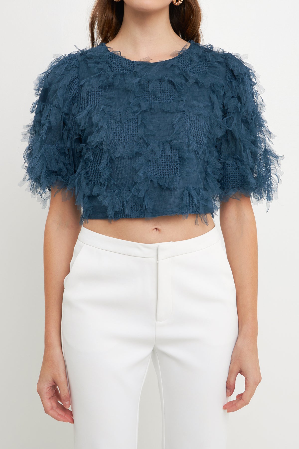 ENDLESS ROSE - Gridded Mesh Feathered Cropped Top - TOPS available at Objectrare